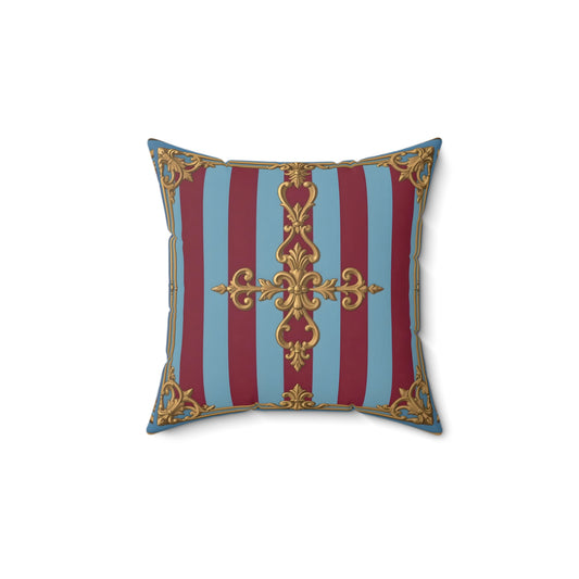 Elegant Faux Suede Accent Pillow, Chic Home Decor, Decorative Cushion, Luxurious Throw Pillow - Sky Blue & Maroon Striped Baroque