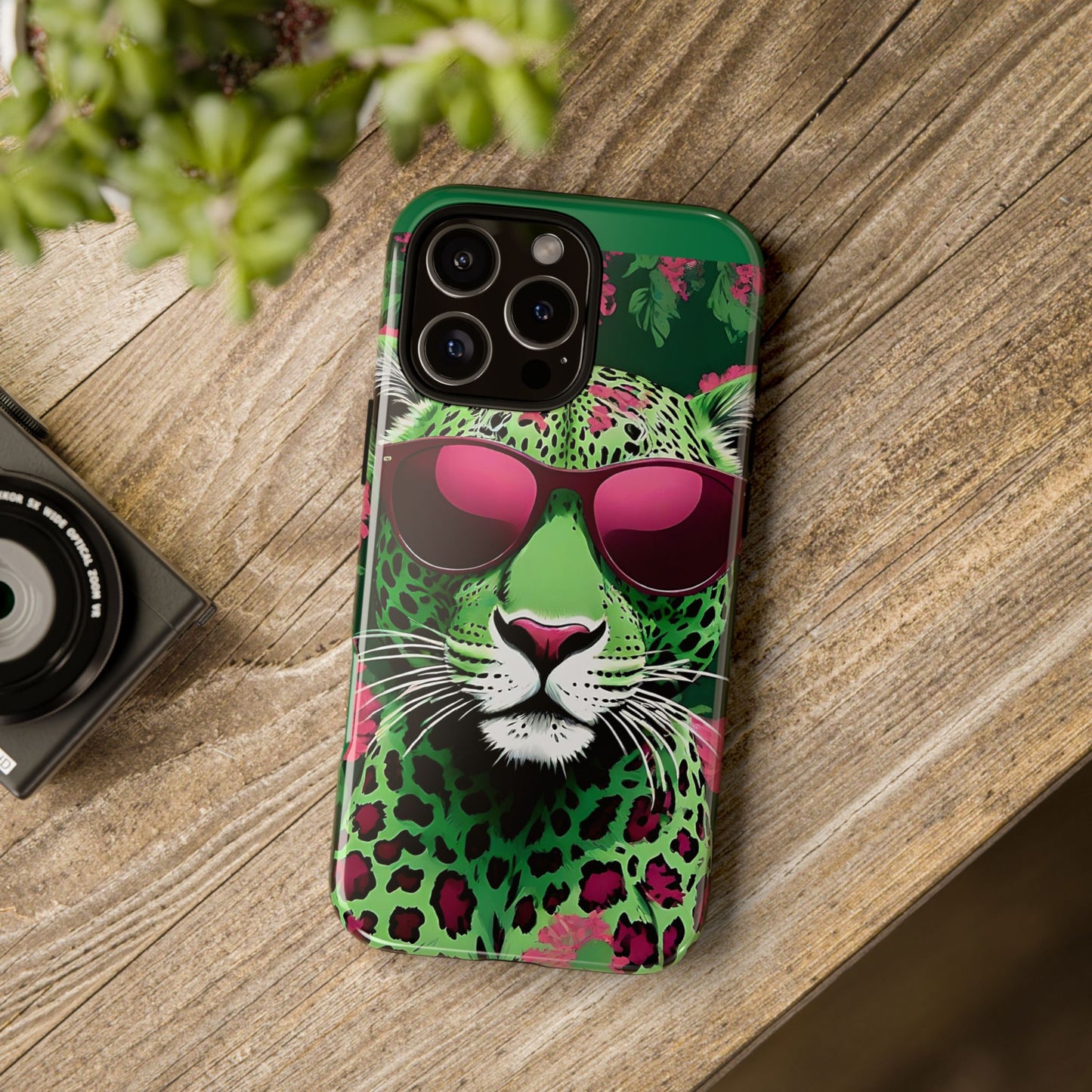 Phone Case - Lime Green & Burgundy Leopard In Sunglasses Design