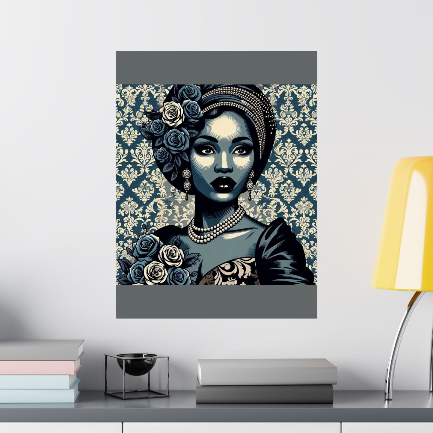 Floral Afro Art Poster - Elegant Matte Vertical Wall Decor - Slate Blue Lady & Damask