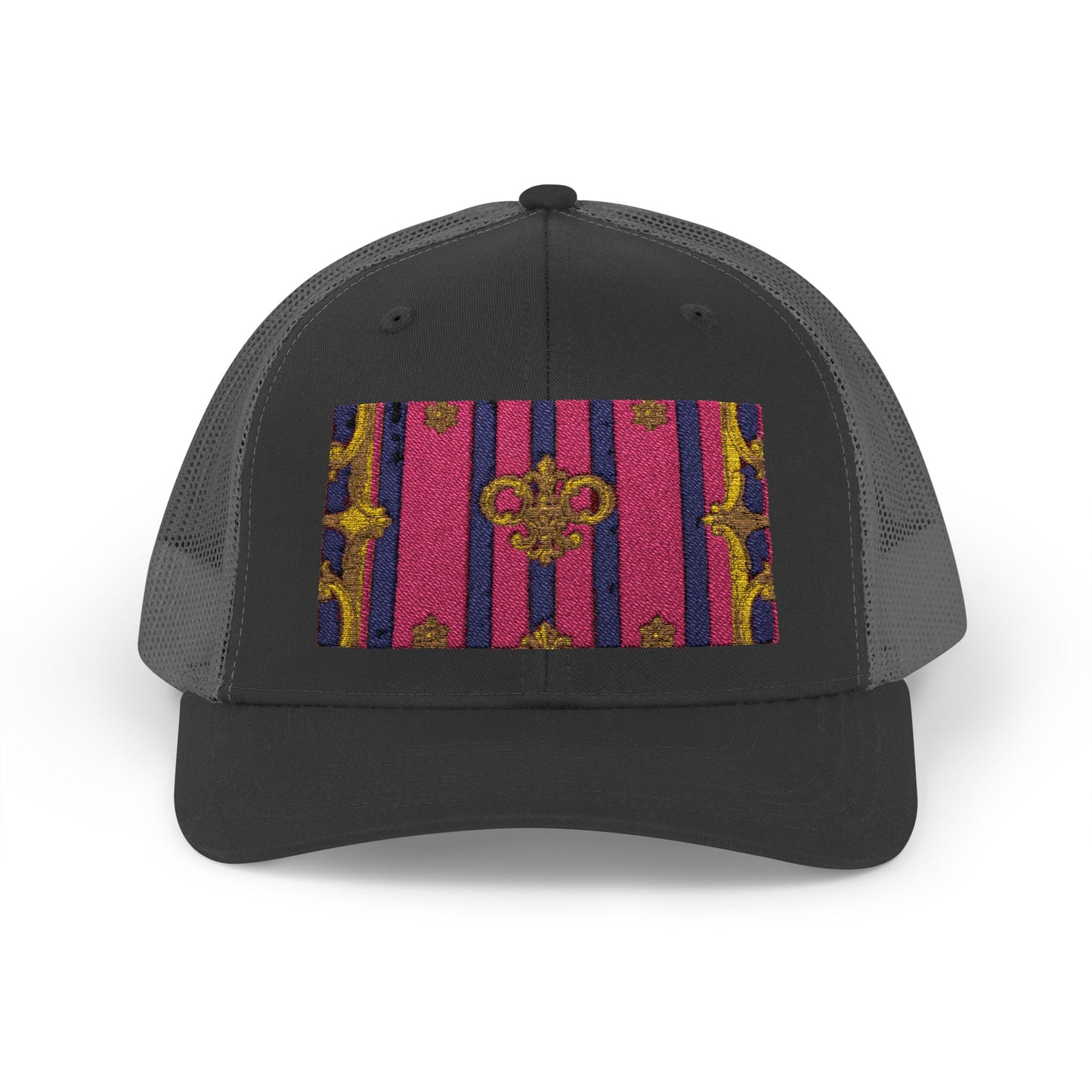 Vibrant Snapback Trucker Cap, Stylish Outdoor Hat, Trendy Fashion Accessory, Gift for Him or Her - Pink Striped Gold Baroque
