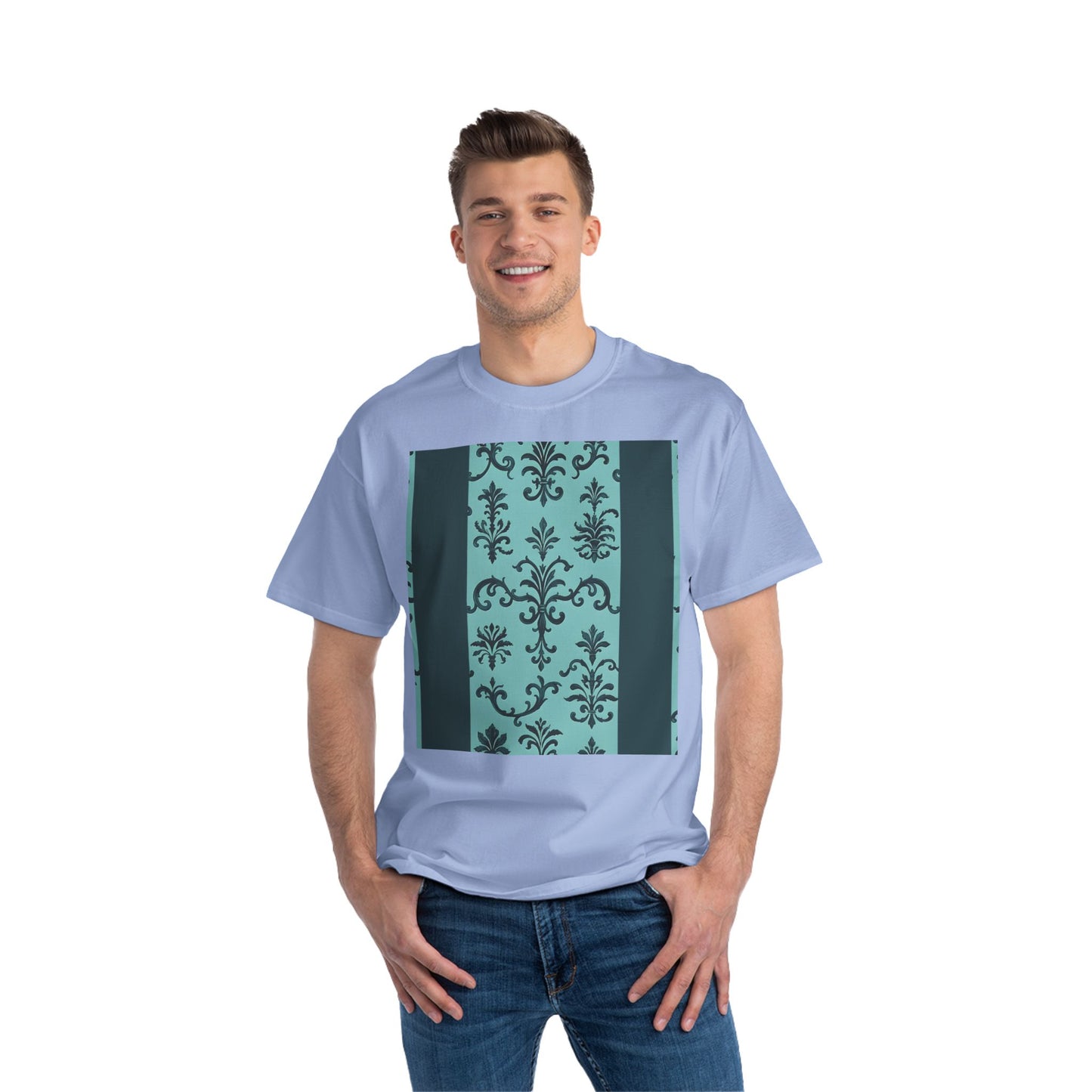 Elegant Floral T-Shirt - Vintage Design, Casual Wear, Gift for Her, Summer Fashion, Stylish Tee - Teal Striped Rococo