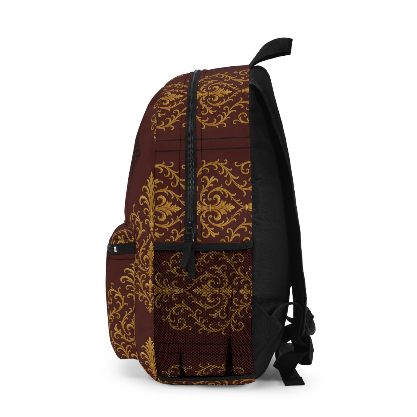 Dusk Burgundy-Black & Gold Baroque Backpack — Elegant Burgundy & Gold Patterned School Bag