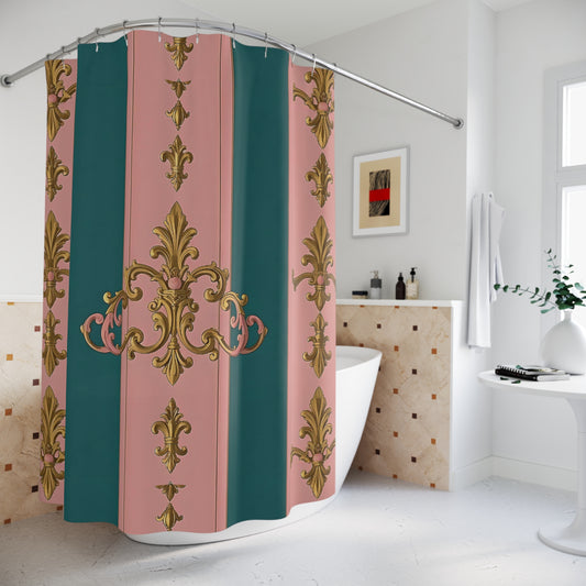 Elegant Floral Shower Curtain | Vintage Home Decor, Bathroom Update, Wedding Gift - Pink & Teal Striped Gold Baroque