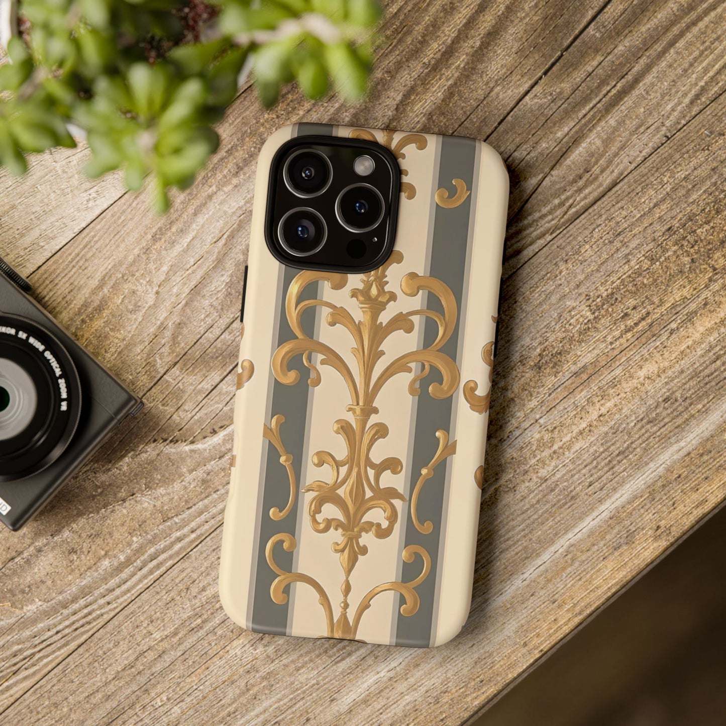 Elegant Floral Motif Phone Case - Tough Cases with Vintage Design - Dusk Olive Striped Gold Damask