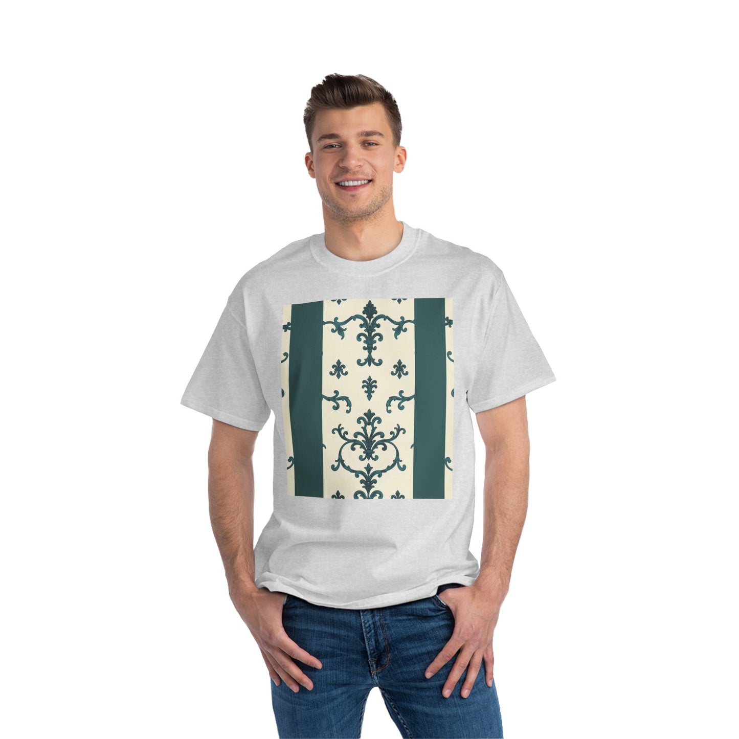 Vintage-Inspired Short-Sleeve T-Shirt, Casual Wear, Graphic Tee, Summer Outfit, Gift for Friends, Retro Design - Teal Striped Rococo