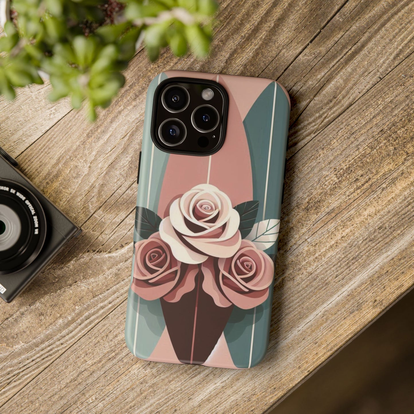 Phone Case - Burgundy, Matte Mauve & Teal Surfboard & Roses Design