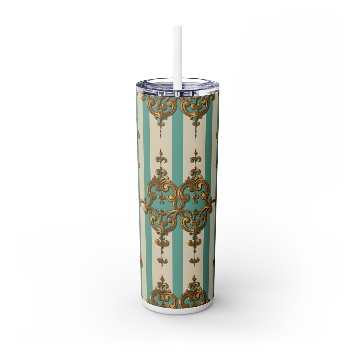Elegant Vintage Skinny Tumbler with Straw, 20oz, Stylish Drinkware, Perfect Gift for Home, Coffee Lovers - Matte Green Striped Rococo