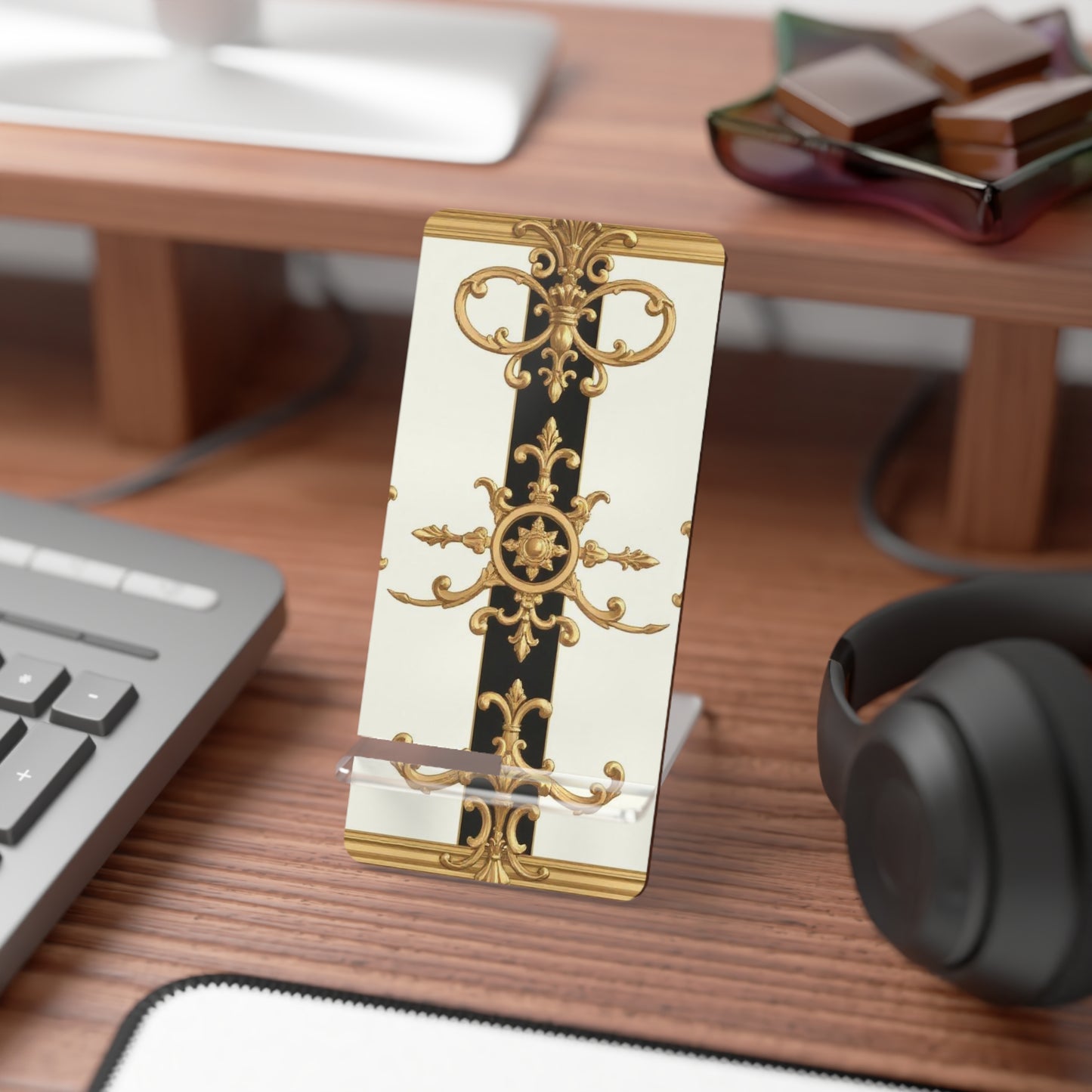 Elegant Smartphone Display Stand - Chic Desk Organizer, Unique Gift for Tech Lovers, Home Office Decor - Black & White Striped Gold Baroque
