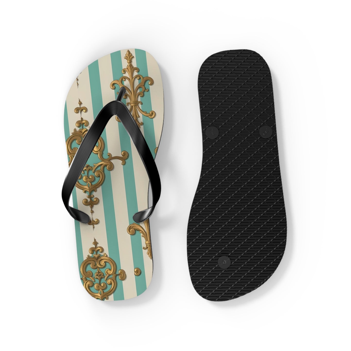 Chic Floral Flip Flops - Summer Sandals, Beach Footwear, Vacation Ready, Boho Style, Gift for Her - Matte Green Striped Rococo