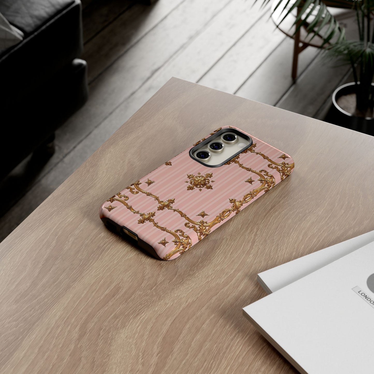 Elegant Floral Phone Case, Tough Cases for Women, Trendy Phone Cover, Chic Gift - Pink Striped Gold Baroque
