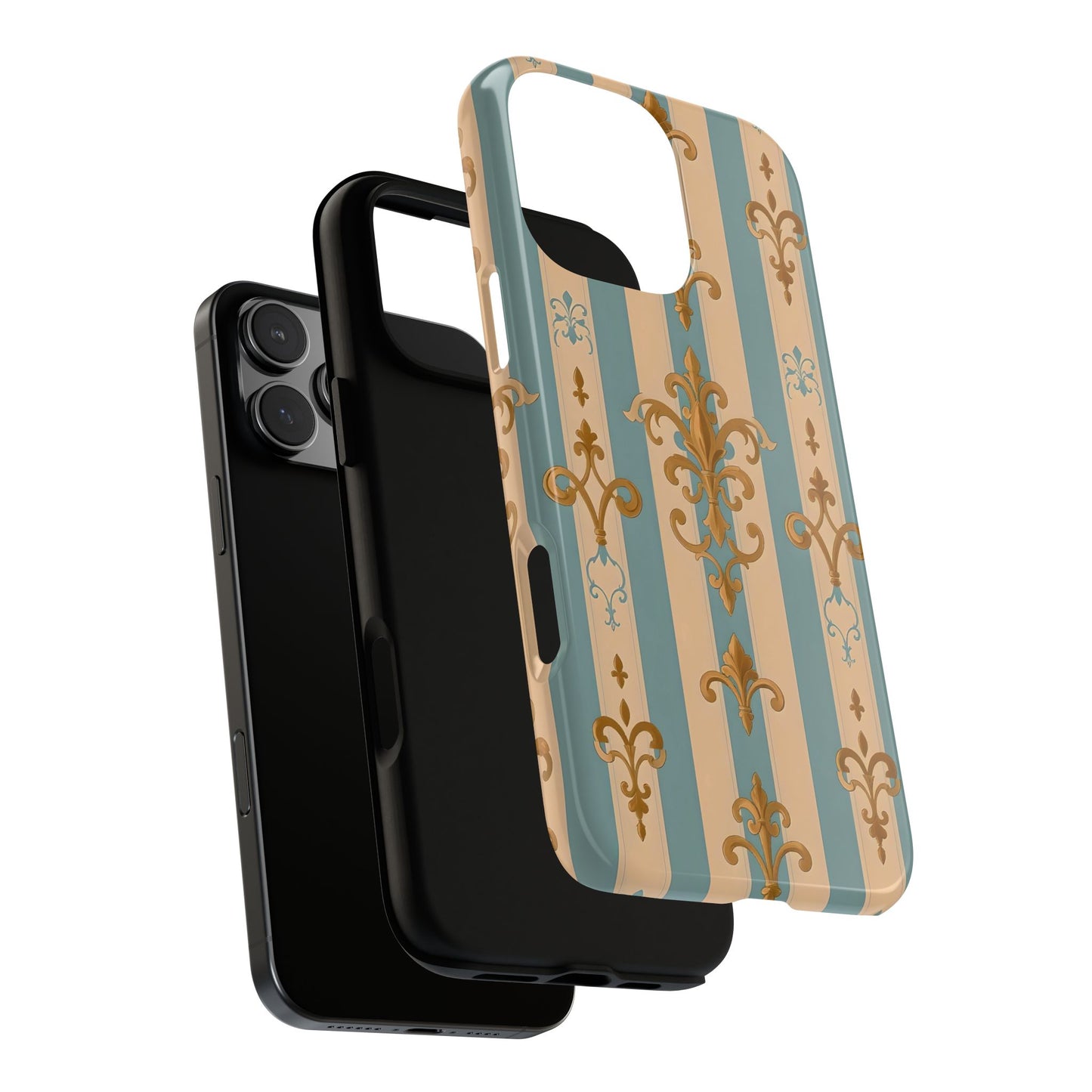 Elegant Floral Motif Phone Case - Tough Cases with Vintage Design -  Beige & Sky Blue Striped Gold Damask