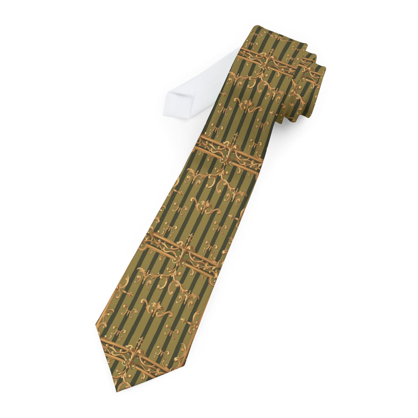 Stylish Bamboo Print Necktie, Eco-Friendly Tie, Perfect for Weddings, Business Meetings, Gifts for Him - Olive Green Striped Rococo