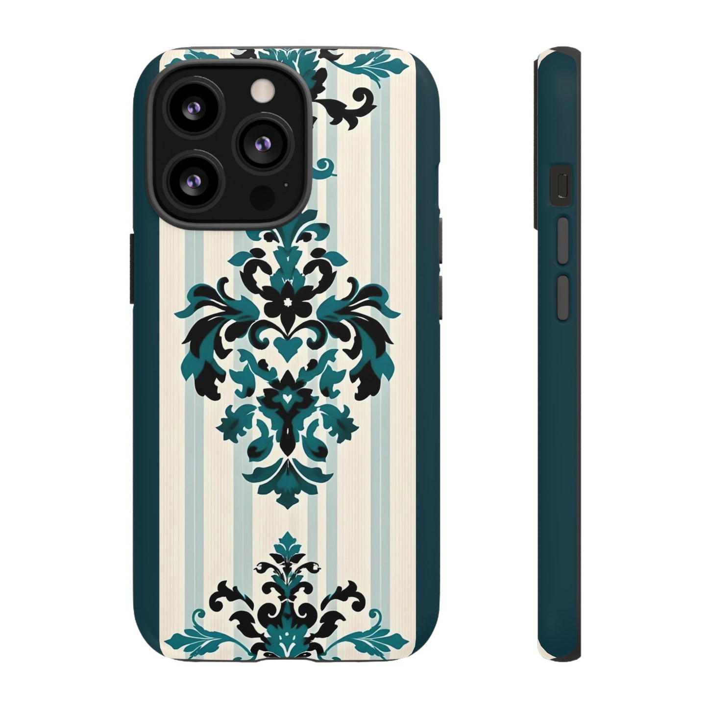 Elegant Floral Phone Case - Tough Cases with Vintage Design - Teal Striped Damask