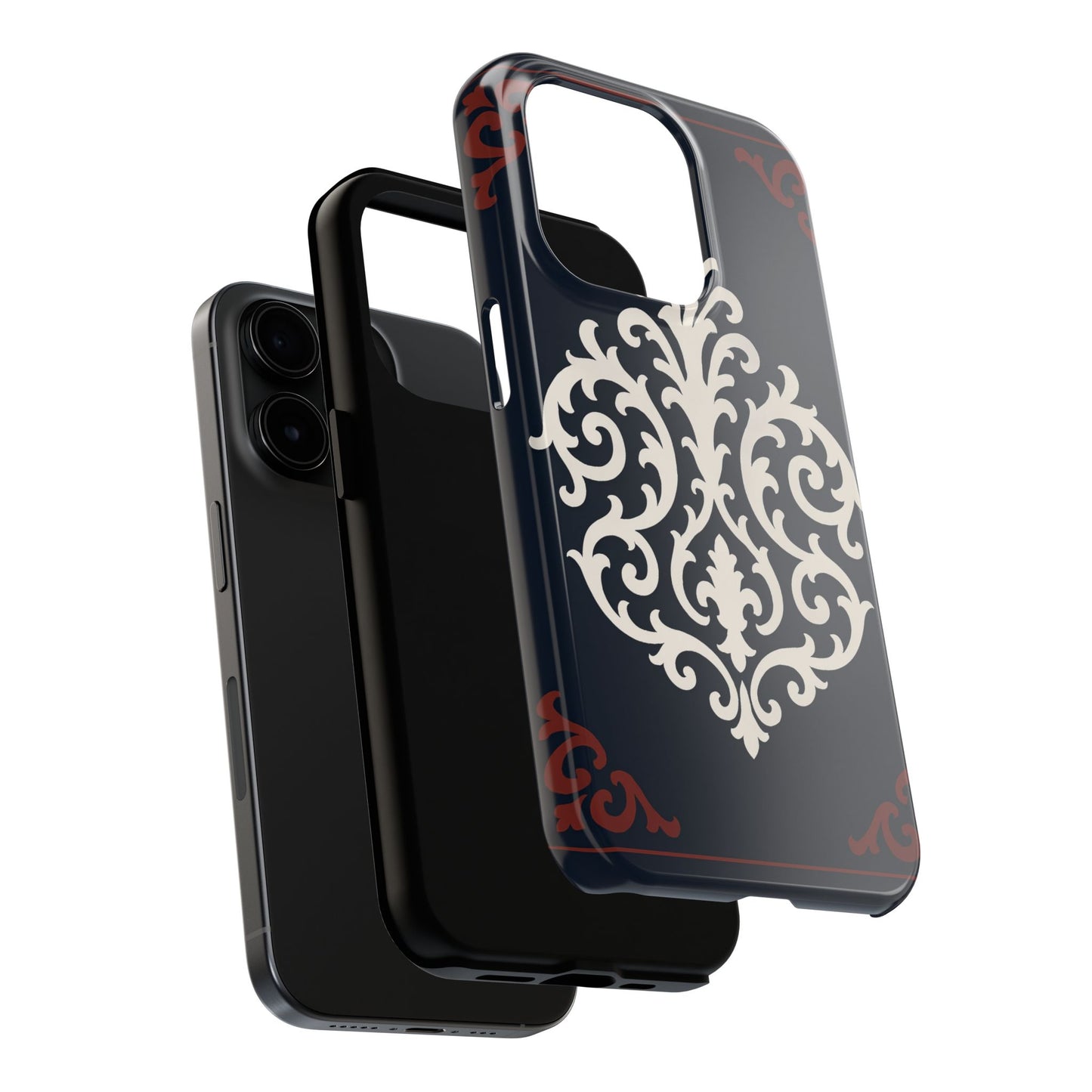 Dusk Blue-Maroon & White Baroque Tough Phone Case — Vintage Scroll Design