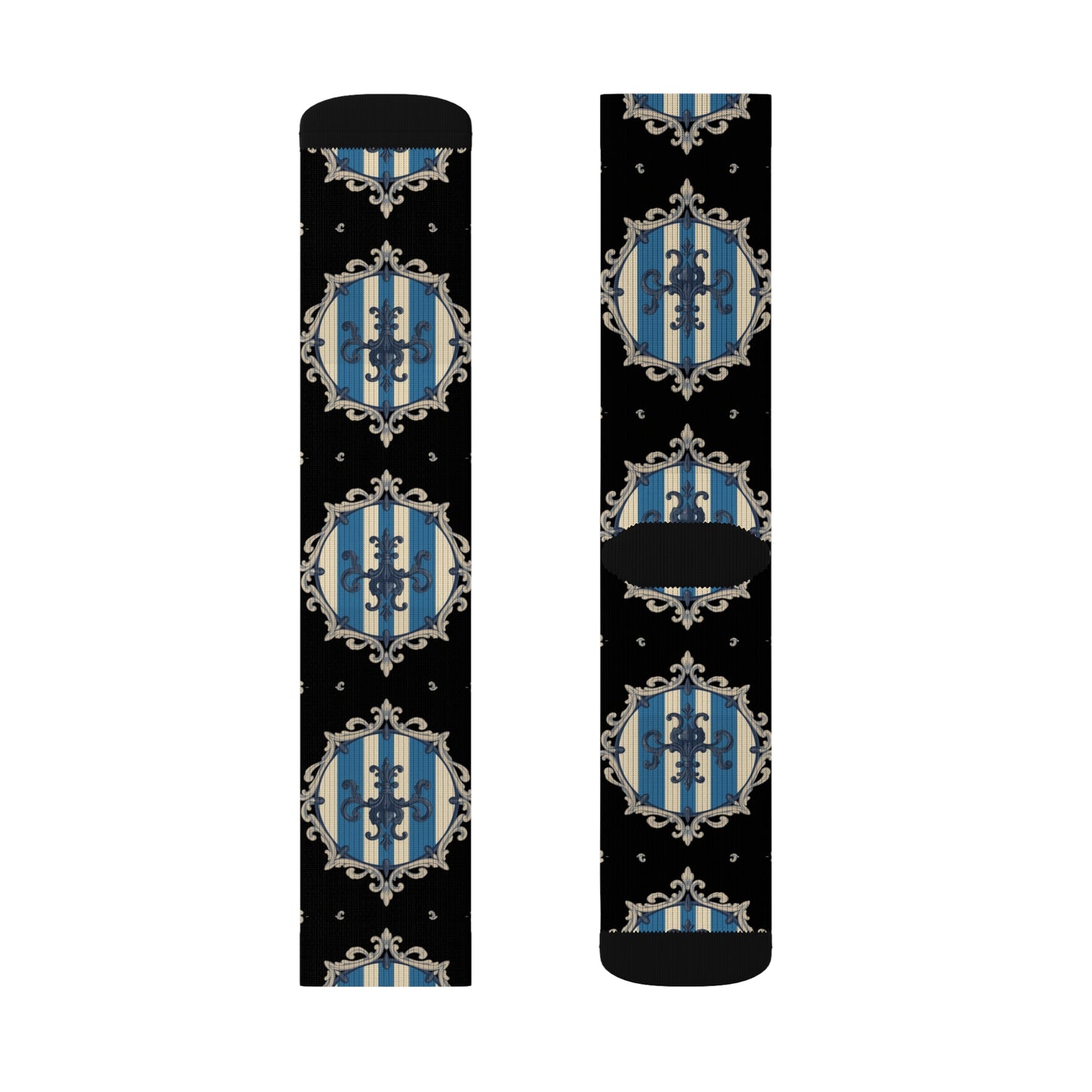 Chic Blue & Alabaster Striped Baroque Patterned Socks for Cozy Fashion, Sublimation Socks, Unique Gift for Her, Stylish Wardrobe Addition