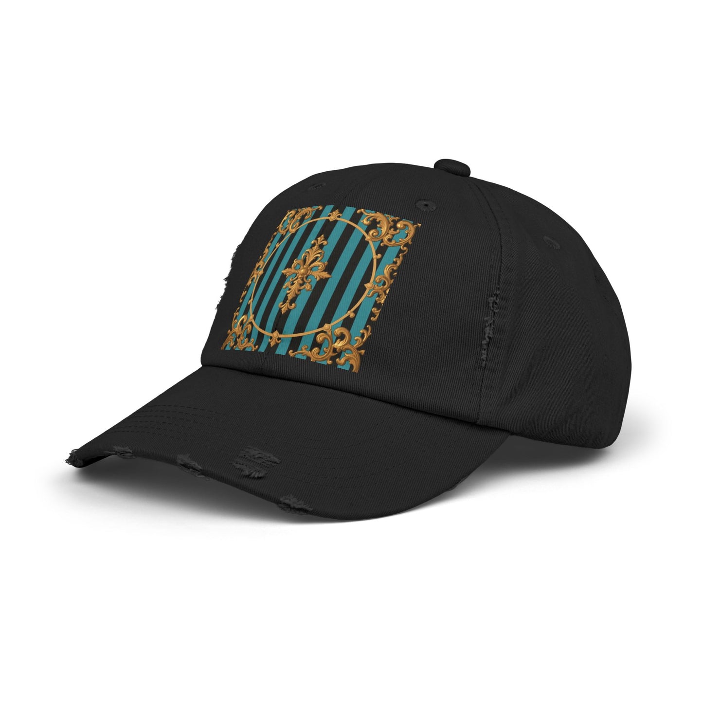 Turquoise & Black Striped Gold Baroque Distressed Cap with Elegant Design, Fashion Accessory for Everyday Wear, Perfect for Festivals, Gifts