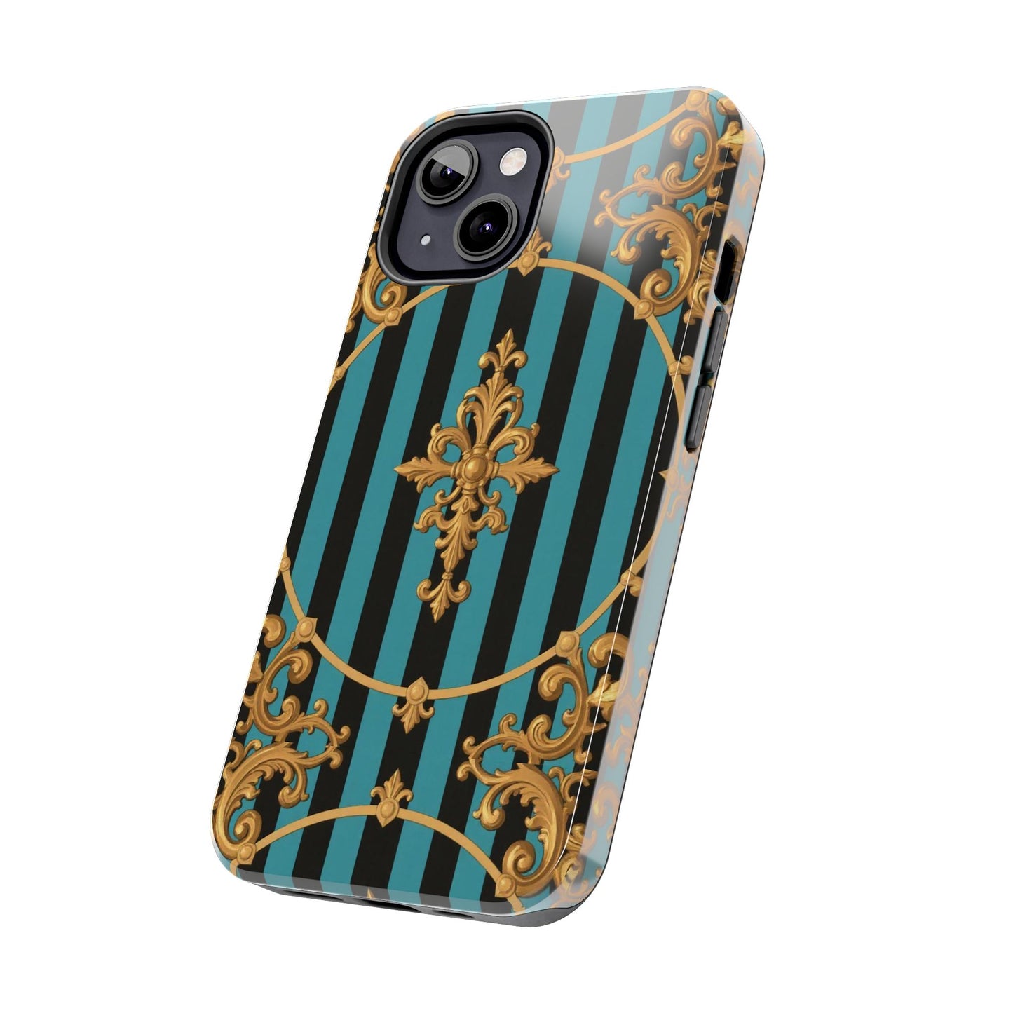 Elegant Turquoise & Black Striped Gold Baroque Phone Case, Tough Phone Cases for Fashion Lovers, Gift for Her, Luxury Accessories