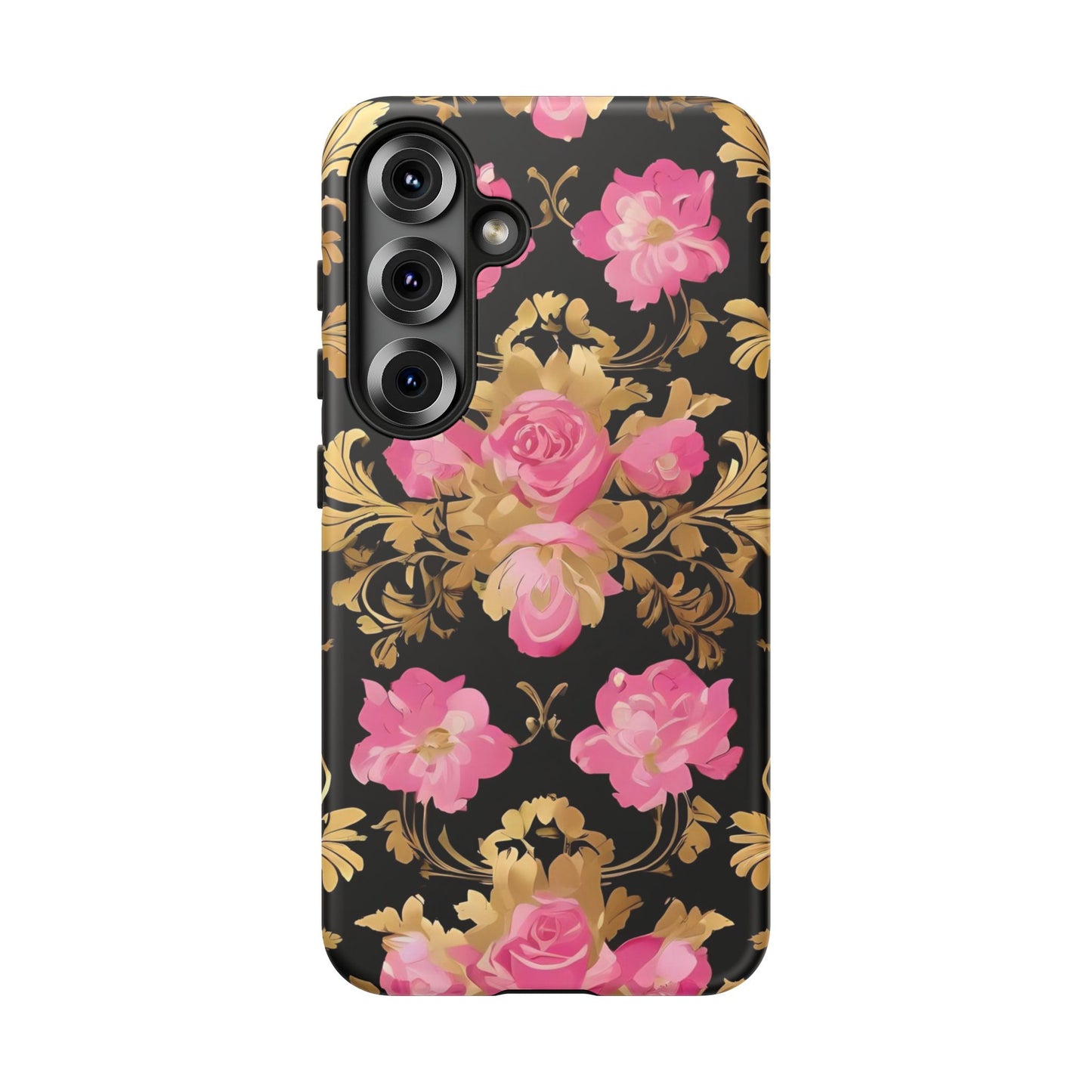 Elegant Floral Motif Phone Case - Tough Cases with Vintage Design - Pink & Gold Roses
