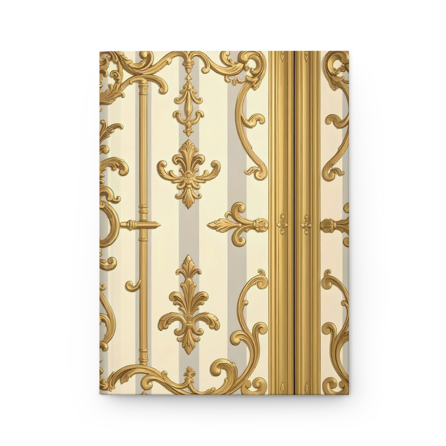 Elegant Vintage Hardcover Journal - Gold Baroque Design, Perfect for Writing, Journaling, Gifts - Matte Gray & Cream Striped Gold Baroque