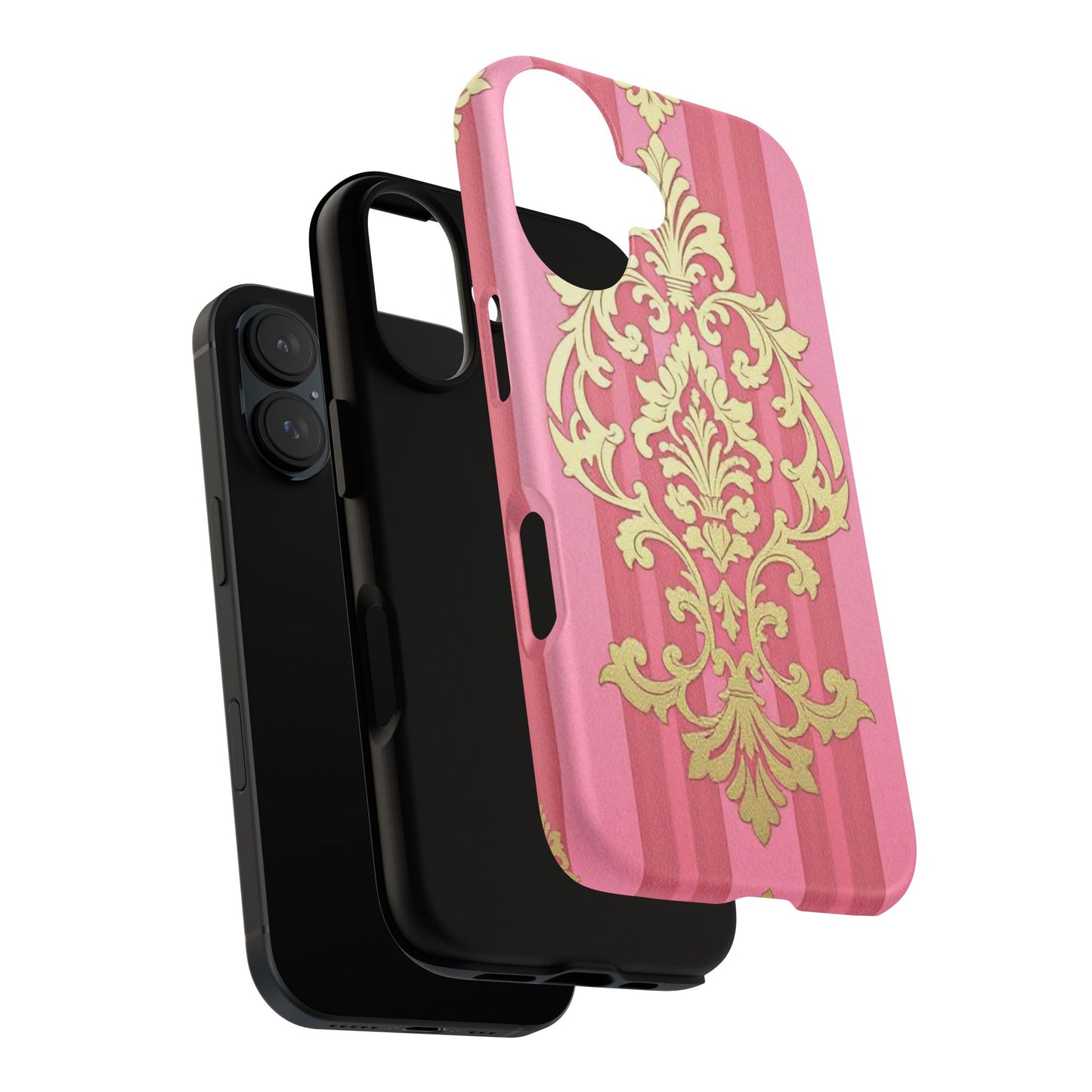 Elegant Floral Motif Phone Case - Tough Cases with Vintage Design - Pink Striped Damask