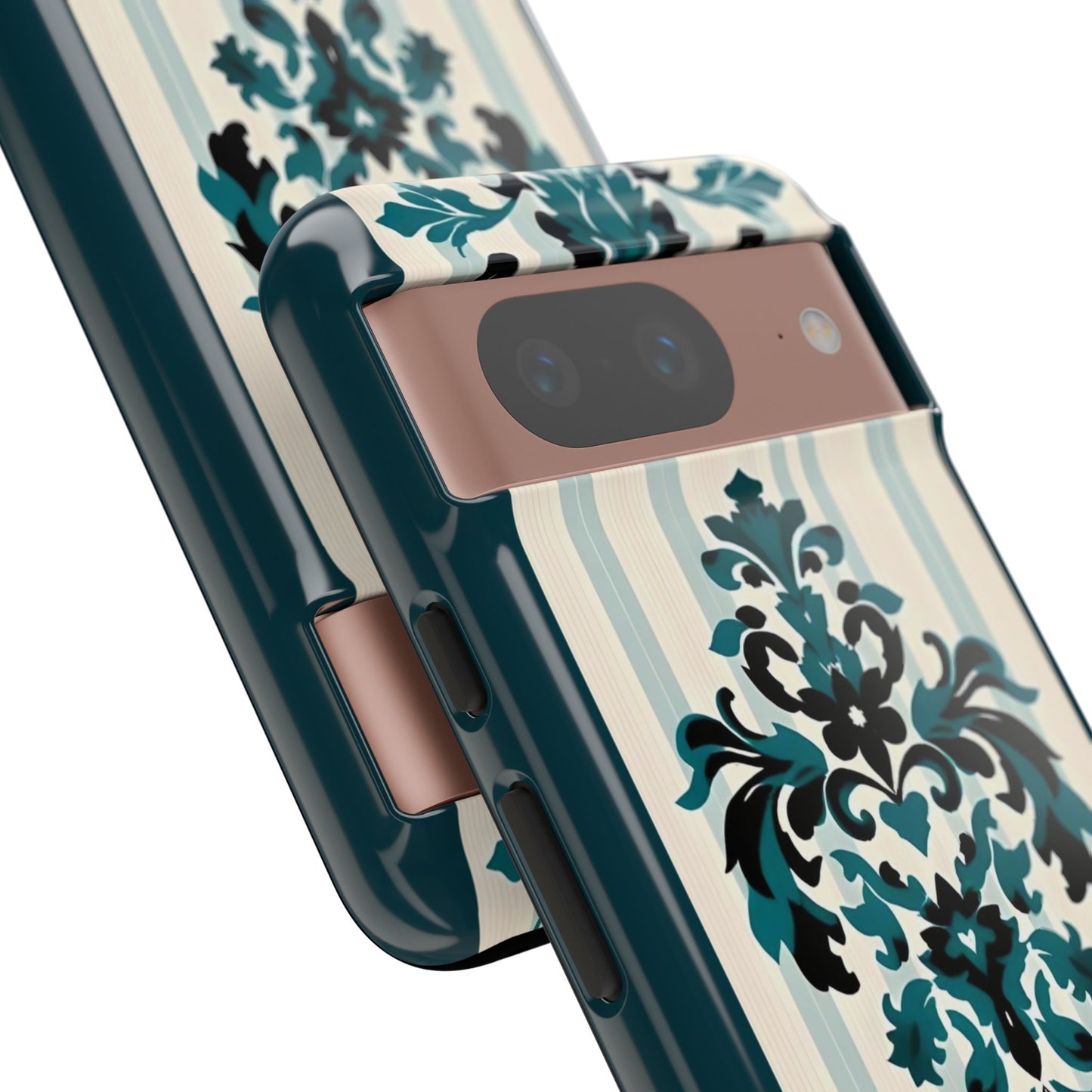 Elegant Floral Phone Case - Tough Cases with Vintage Design - Teal Striped Damask