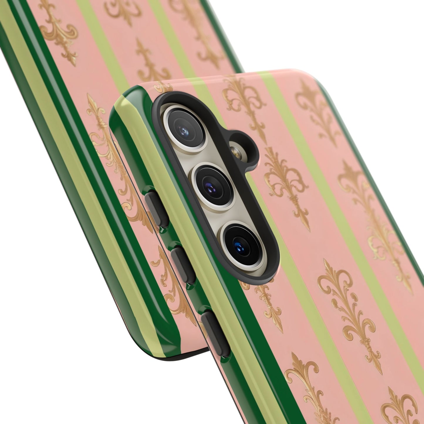Elegant Floral Motif Phone Case - Tough Cases with Vintage Design - Lime Green & Pink Striped Damask