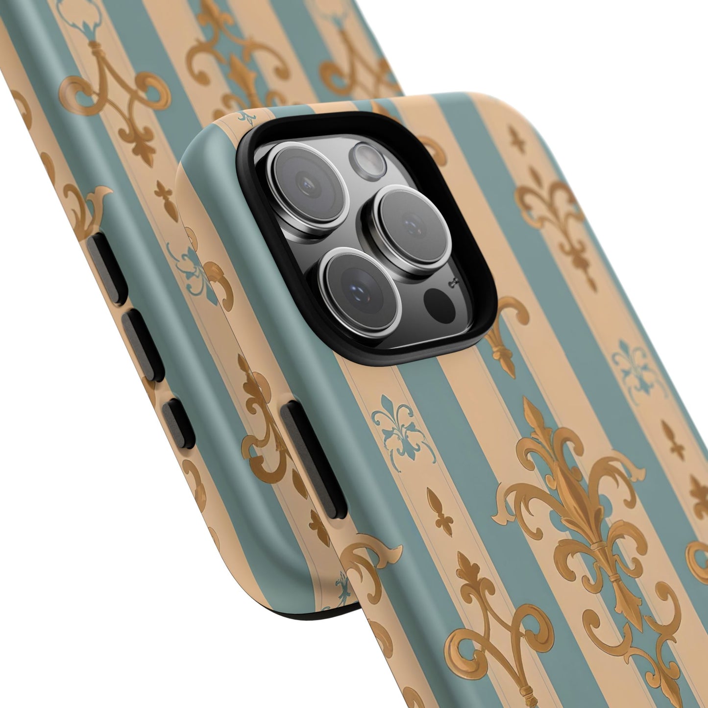 Elegant Floral Motif Phone Case - Tough Cases with Vintage Design -  Beige & Sky Blue Striped Gold Damask