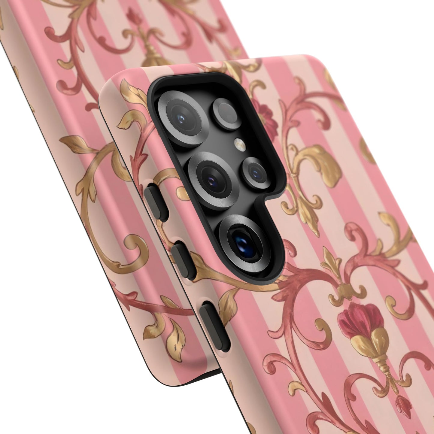 Elegant Floral Motif Phone Case - Tough Cases with Vintage Design - Pink Striped Rose Gold Damask