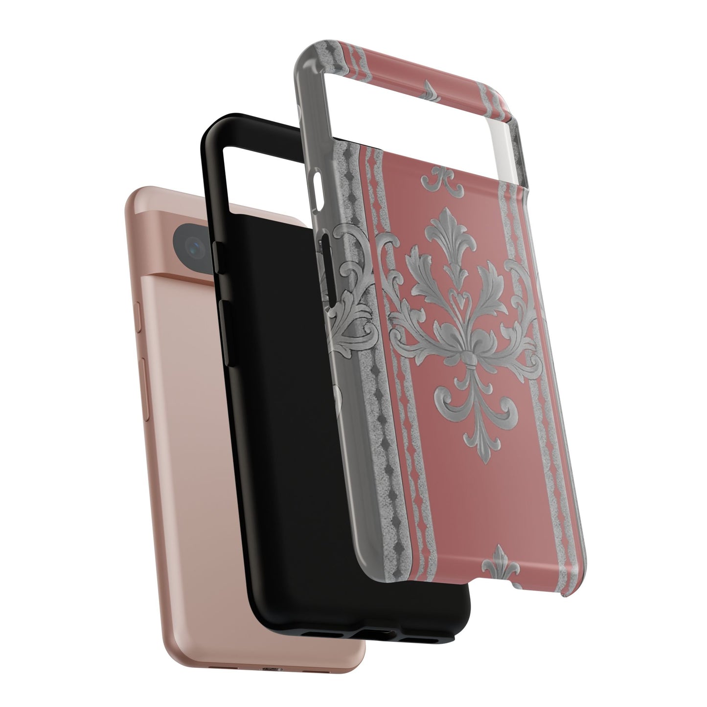 Elegant Floral Phone Case - Tough Cases for Stylish Protection - Gray & Mauve Striped Baroque