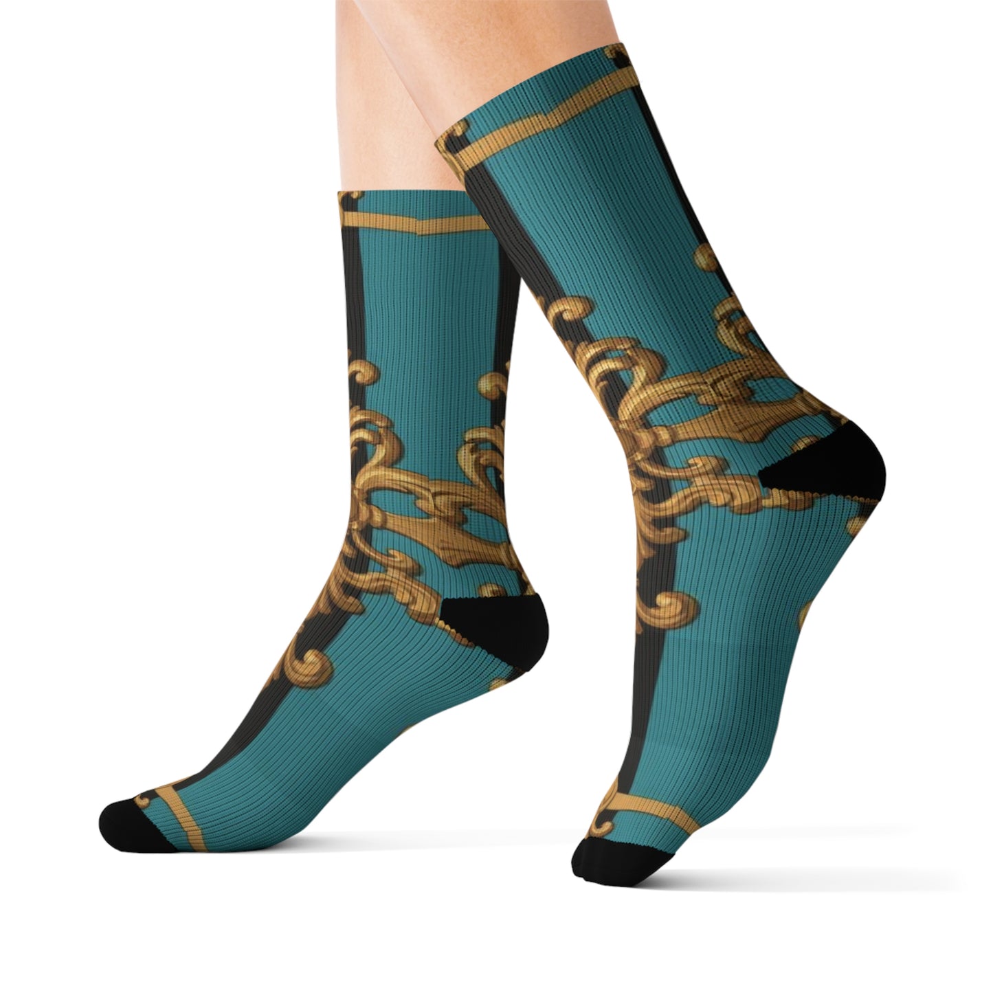 Elegant Turquoise & Black Striped Gold Baroque Patterned Unisex Sublimation Socks, Fashionable Socks, Unique Gift for Her & Him