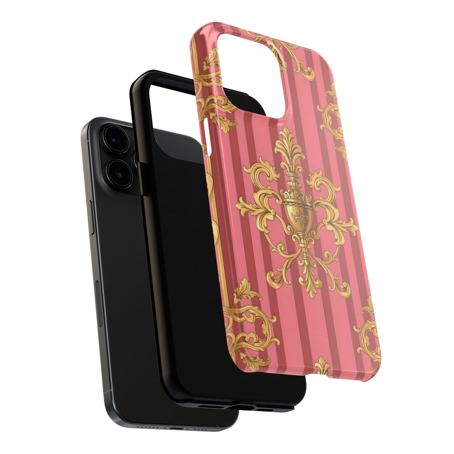Elegant Baroque Tough Phone Cases, Durable Phone Cover, Stylish Accessory, Gift for Any Occasion - Pink Striped Gold Baroque