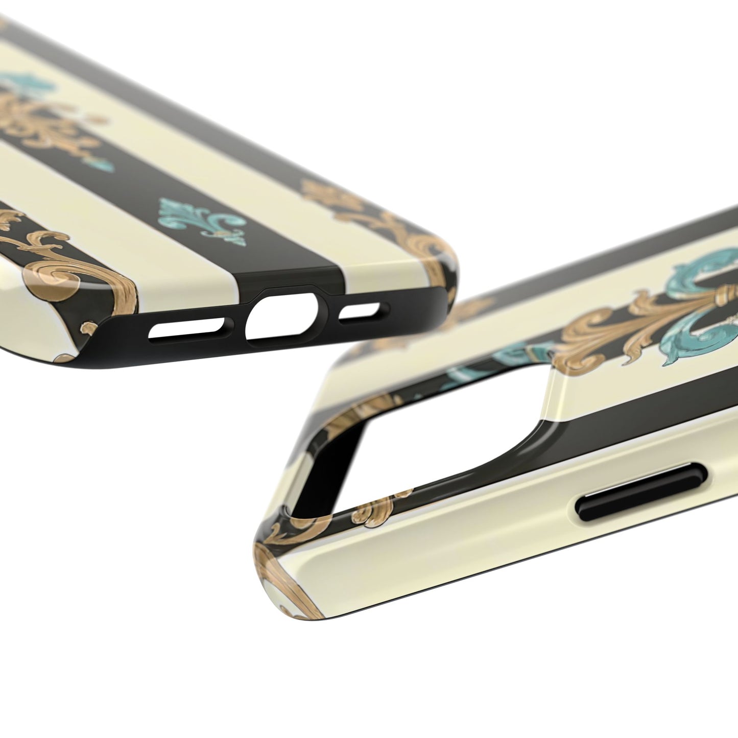 Elegant Vintage Tough Phone Cases, Stylish Phone Accessories, Quality Protection, Gifts for Her - Black Striped Turquoise & Black Rococo
