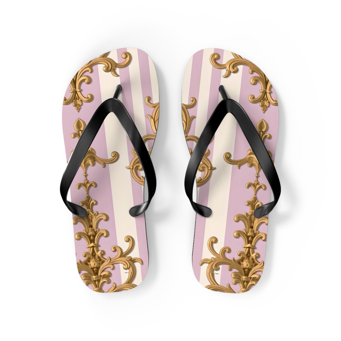 Chic Patterned Flip Flops for Stylish Summer Vibes, Beach Footwear, Vacation Sandals - Lilac & Alabaster Striped Gold Baroque
