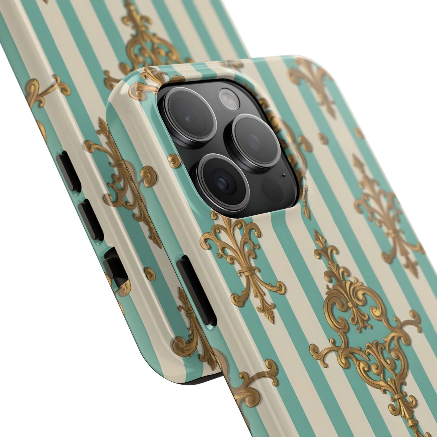 Elegant Striped Phone Case with Vintage Design, Tough Phone Cover, Stylish Smartphone Case - Matte Green Striped Rococo