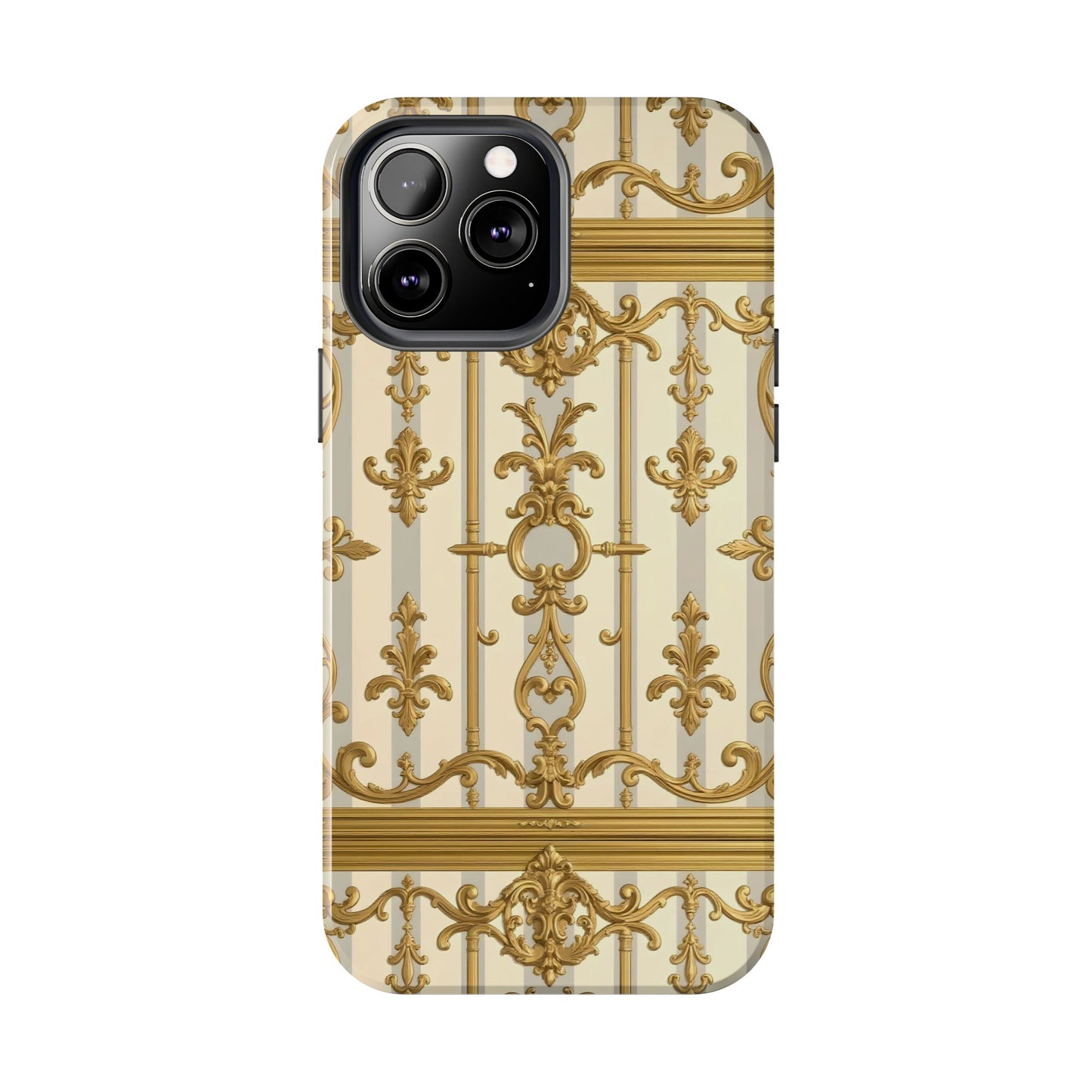 Elegant Gold Pattern Tough Phone Cases | Stylish Phone Covers, Trendy Cell Phone Accessories - Matte Gray & Cream Striped Gold Baroque