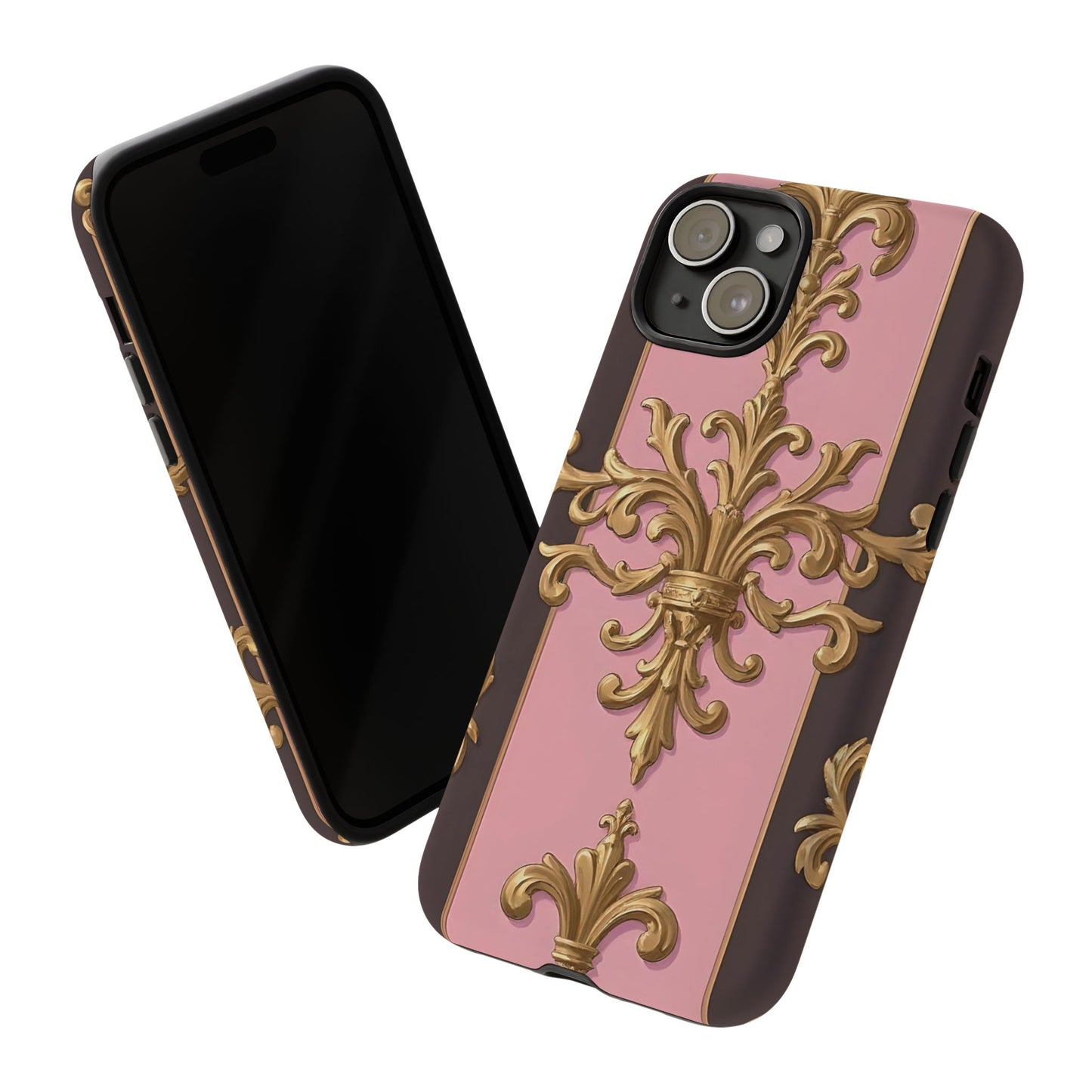 Elegant Floral Motif Phone Case - Tough Cases with Vintage Design - Pink & Brown Striped Gold Damask