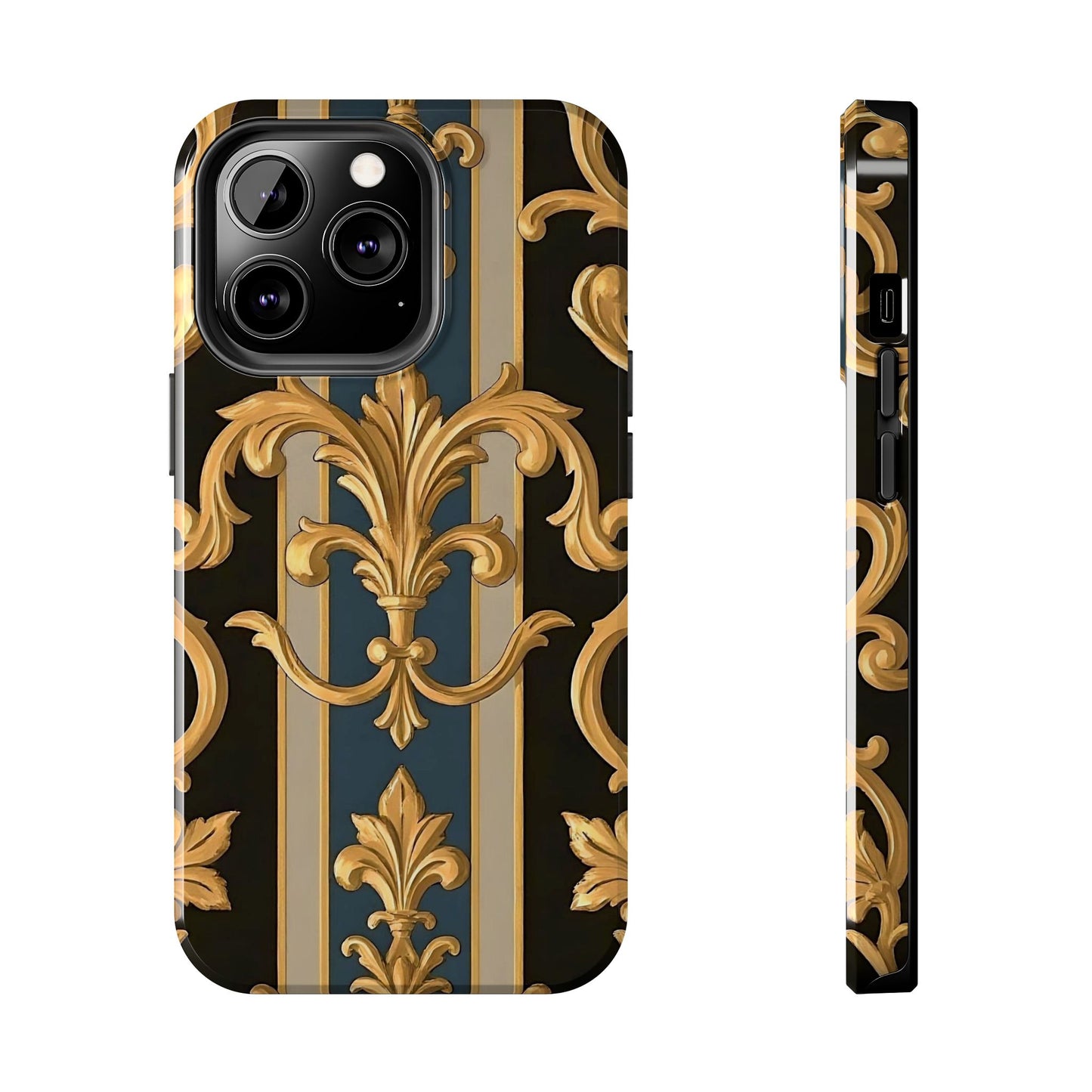 Elegant Rococo Phone Cases, Tough iPhone Case, Floral Design Case, Luxury Phone Cover - Blue & Black Striped Rococo