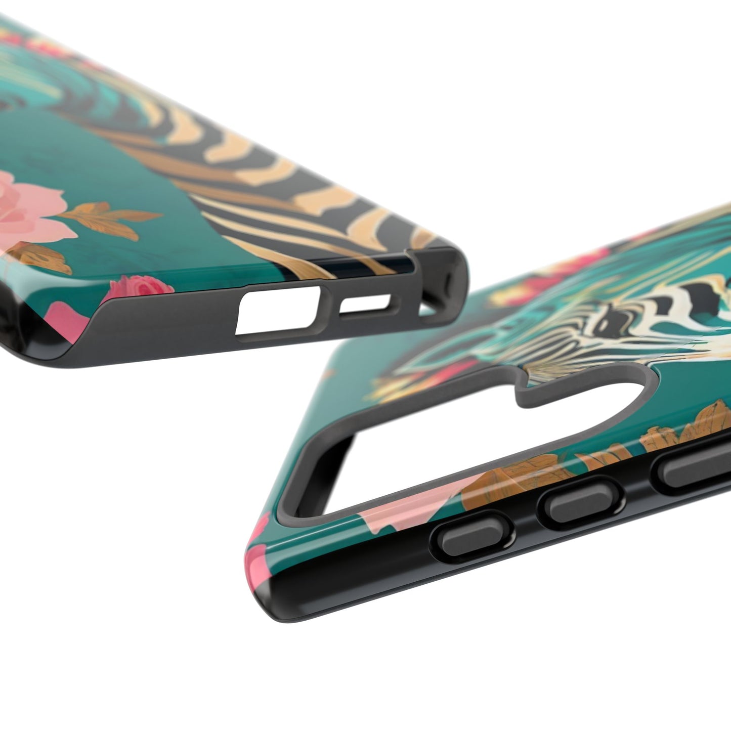 Phone Case - Elegant Teal & Gold Zebra & Roses Design