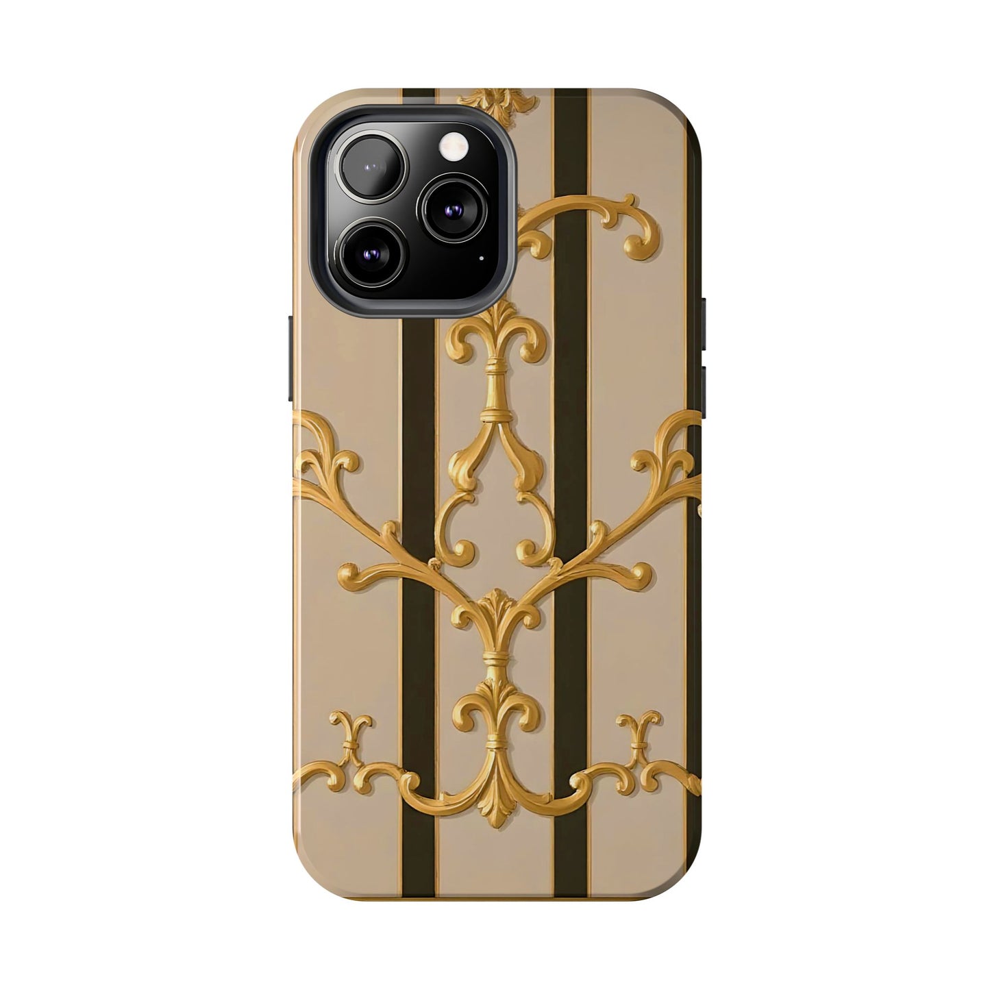 Elegant Vintage Tough Phone Case, Stylish Phone Cover, Boho Accessories, Perfect Gift for Her - Beige Striped Gold Rococo