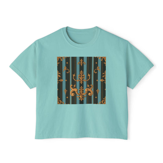 Chic Women's Boxy Tee with Elegant Vintage Design, Casual Outfit, Gift for Her, Summer Style, Fashion Tee - Black & Turquoise Striped Baroque