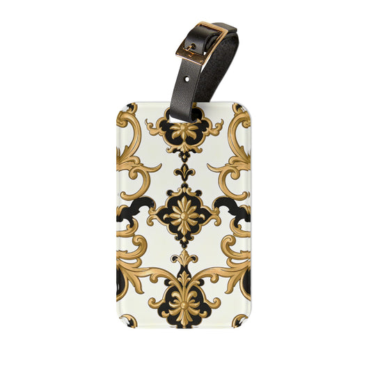 Elegant Vintage Luggage Tag, Personalized Travel Accessory, Retro Style Luggage Label, Travel Gift, Bag Tag for Adventurers - Black & Gold Rococo
