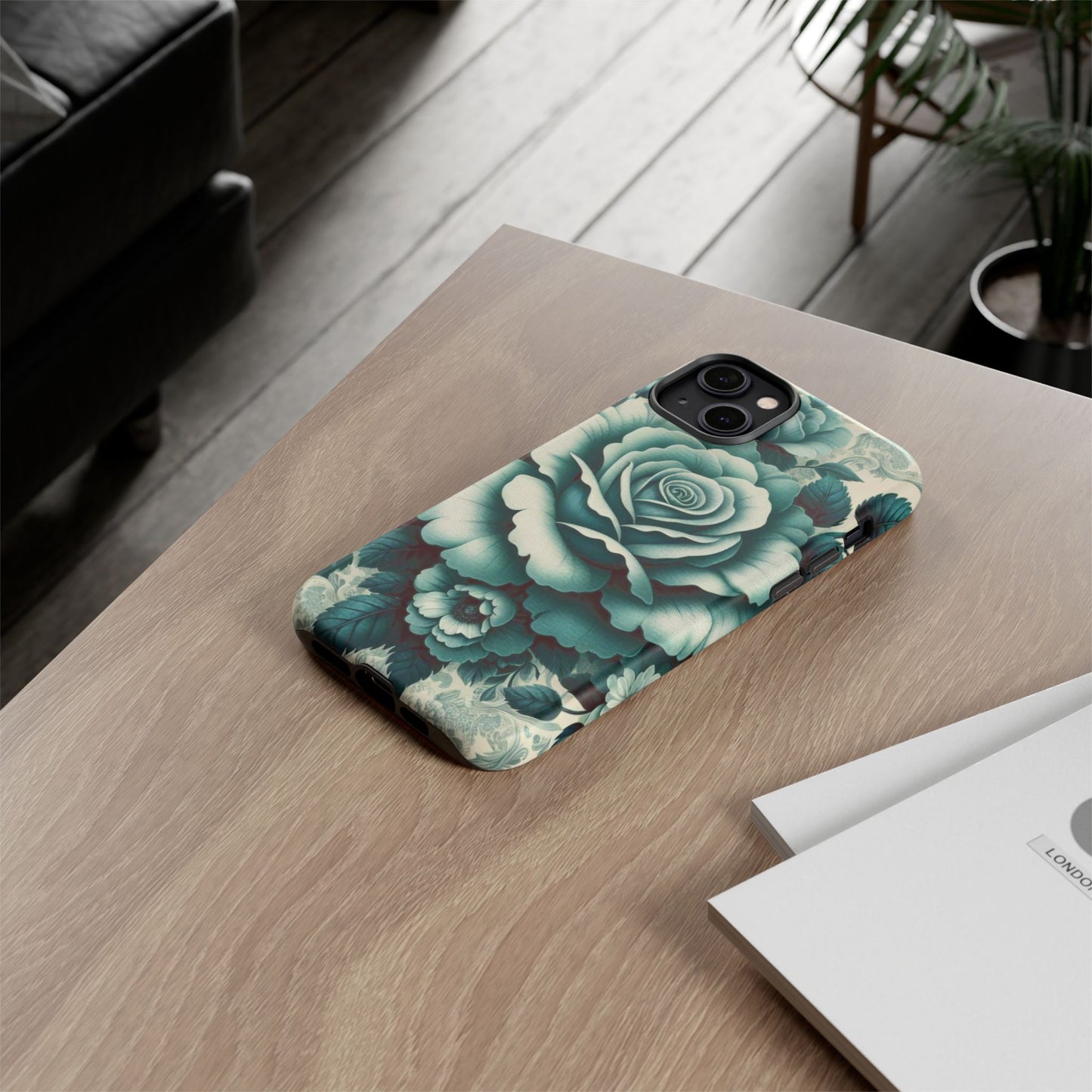 Elegant Floral Motif Phone Case - Tough Cases with Vintage Design - Teal Roses & Damask