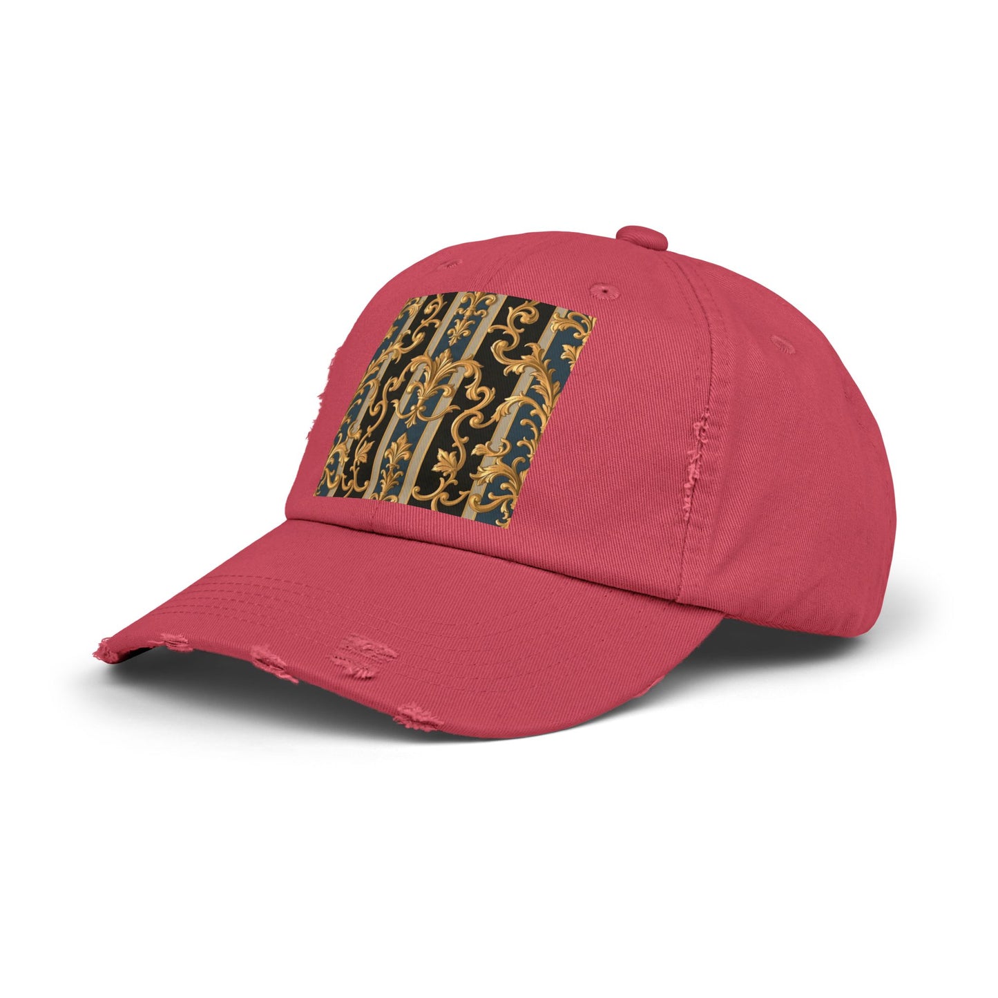 Unisex Distressed Cap with Elegant Gold Pattern, Vintage Style Hat, Casual Fashion Accessory - Blue & Black Striped Rococo