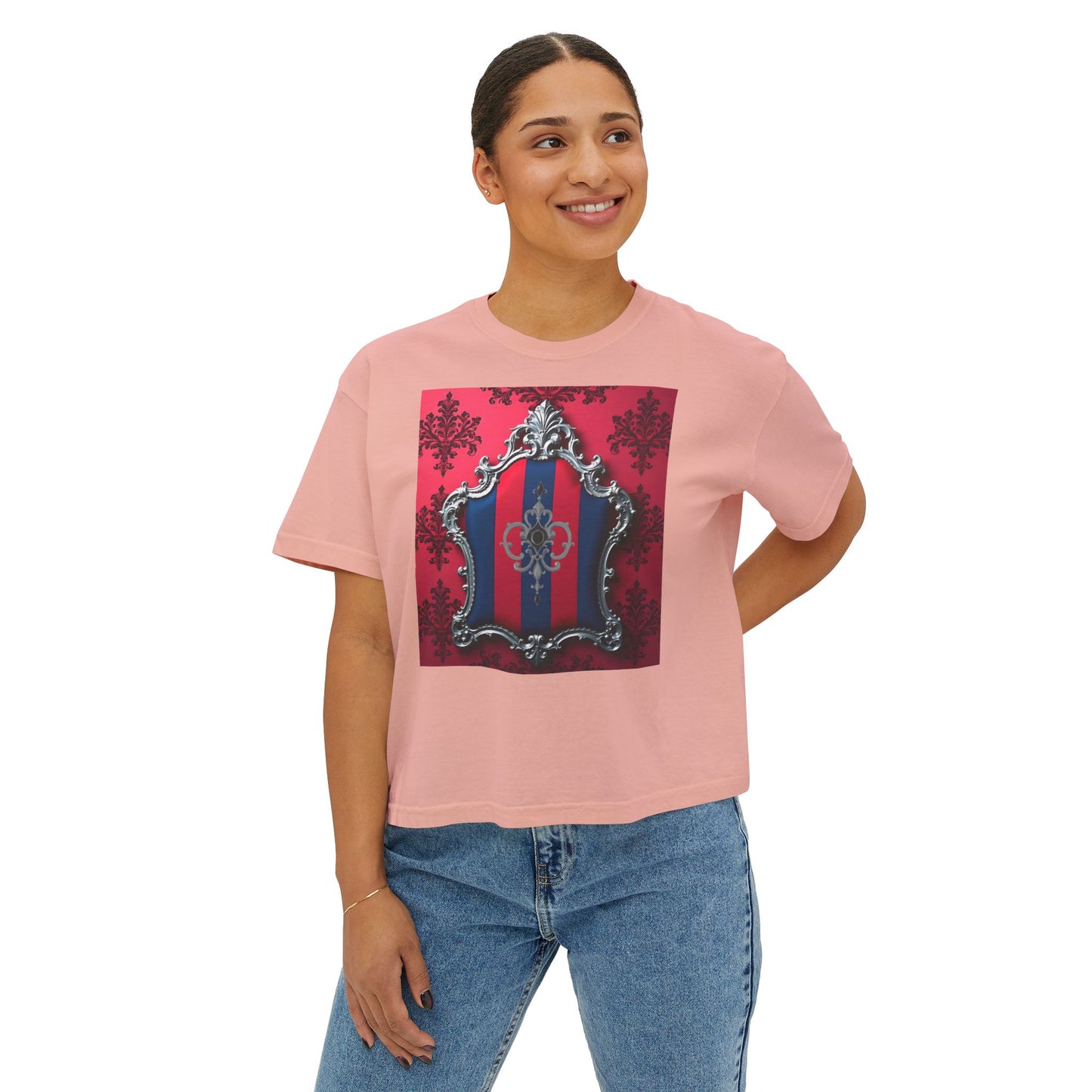 Vintage-Inspired Women's Boxy Tee, Retro Graphic Top, Casual Summer Shirt, Trendy Fashion Tee, Gift for Her - Blue & Red Striped Silver Crest