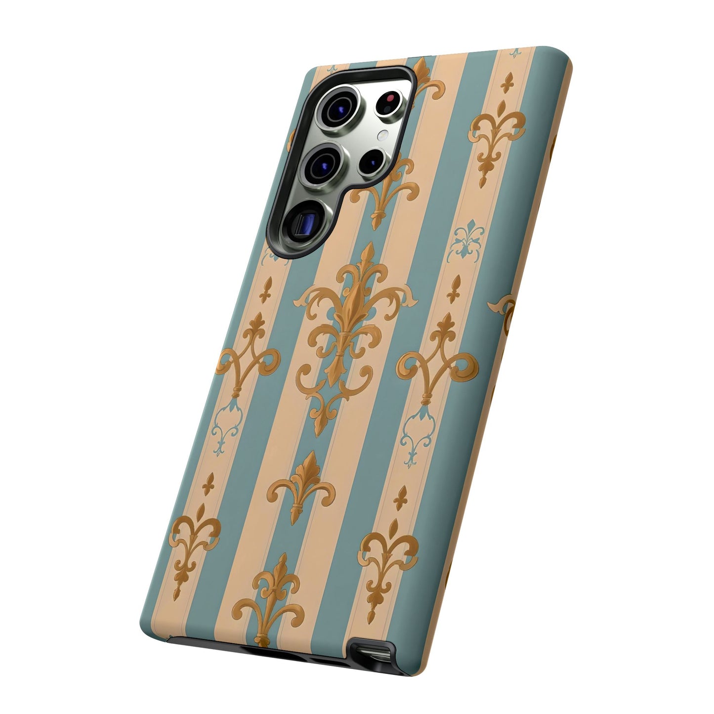 Elegant Floral Motif Phone Case - Tough Cases with Vintage Design -  Beige & Sky Blue Striped Gold Damask