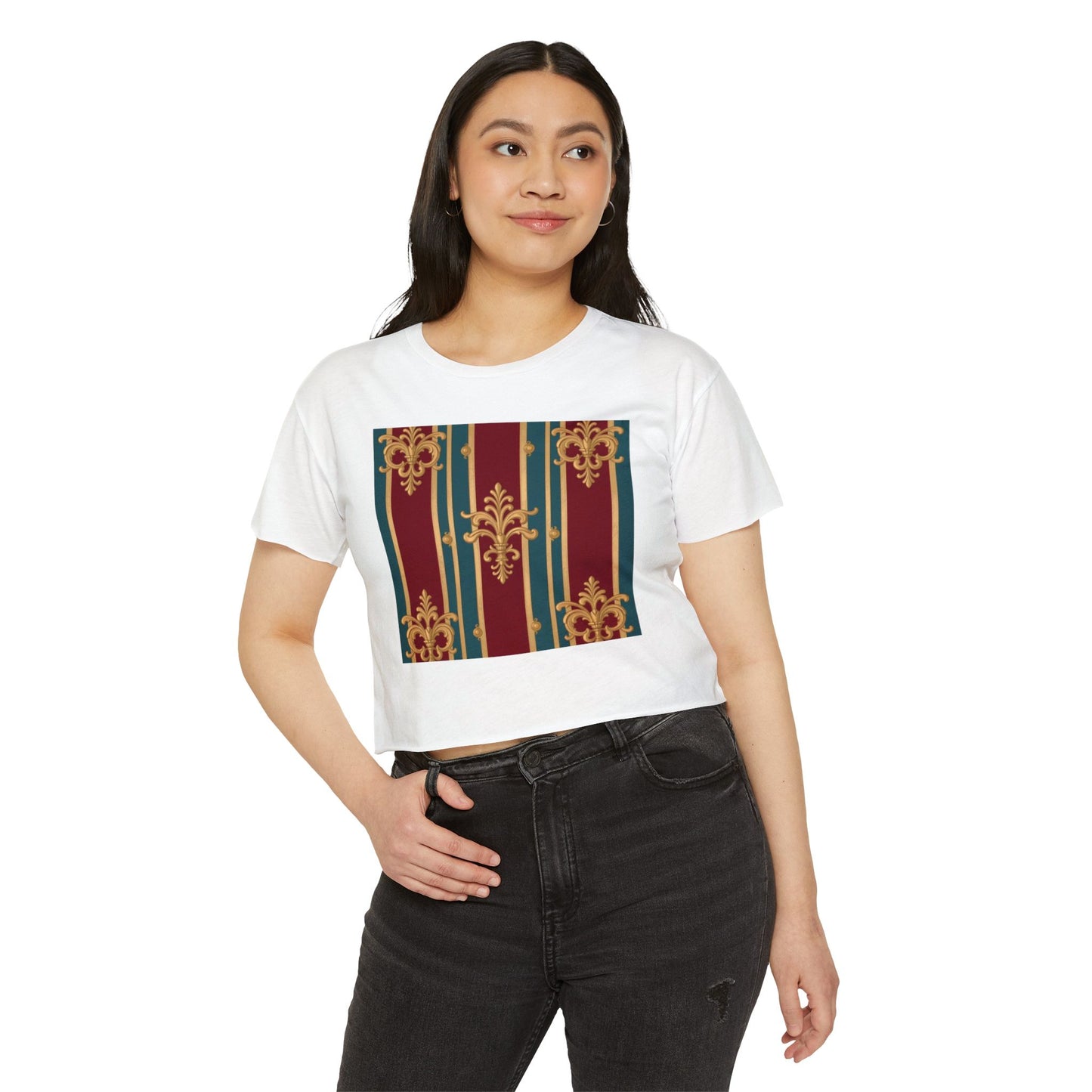 Baroque Chic Festival Crop Top | Women’s Floral Summer Tee, Outdoor Concert Wear, Vacation Top - Burgundy Striped Gold Baroque