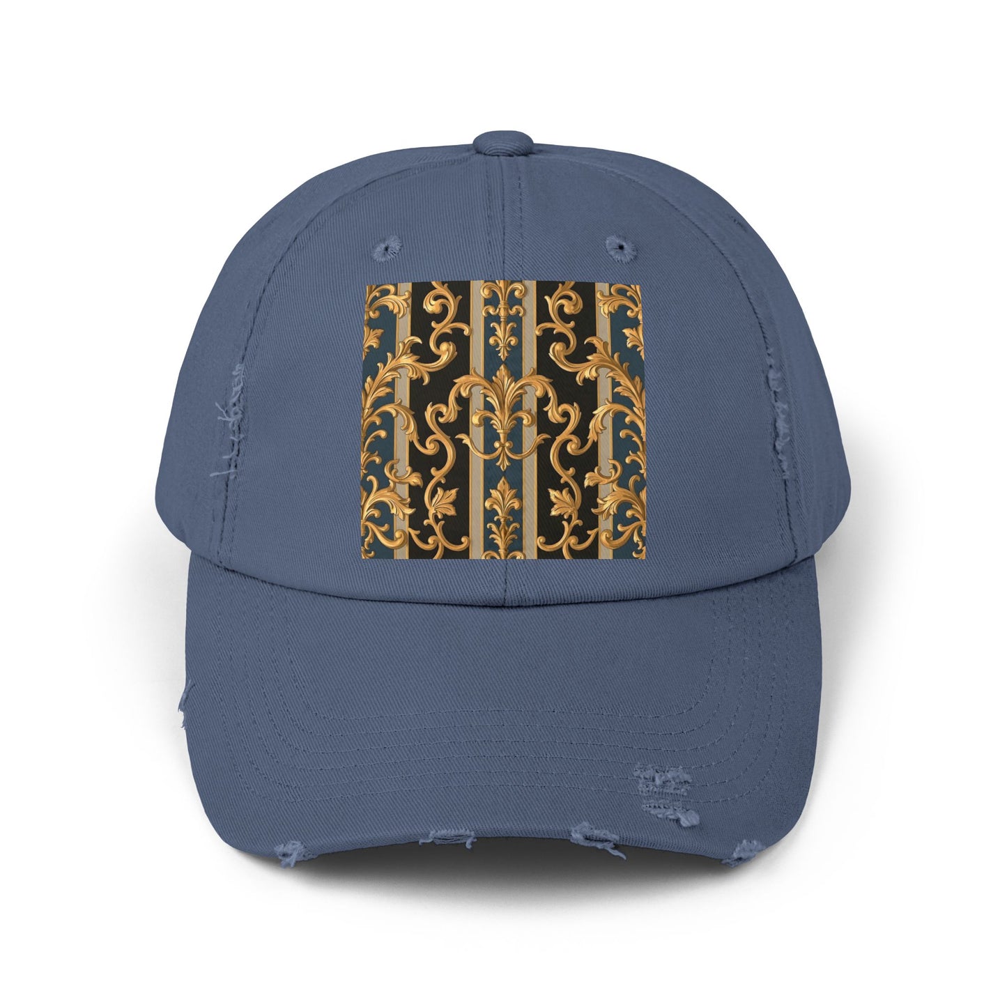 Unisex Distressed Cap with Elegant Gold Pattern, Vintage Style Hat, Casual Fashion Accessory - Blue & Black Striped Rococo