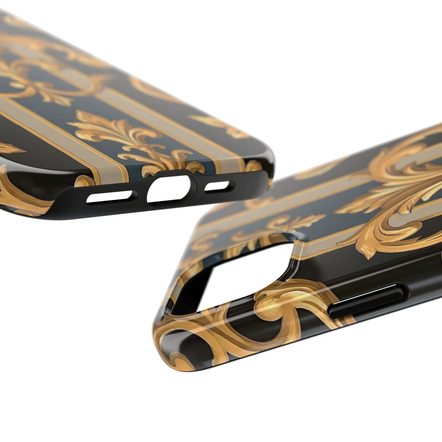 Elegant Rococo Phone Cases, Tough iPhone Case, Floral Design Case, Luxury Phone Cover - Blue & Black Striped Rococo
