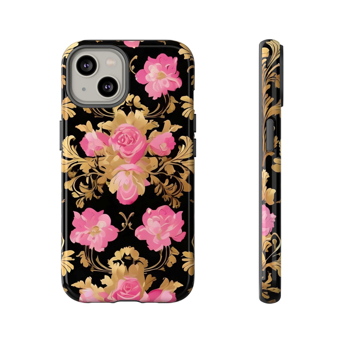 Elegant Floral Motif Phone Case - Tough Cases with Vintage Design - Pink & Gold Roses
