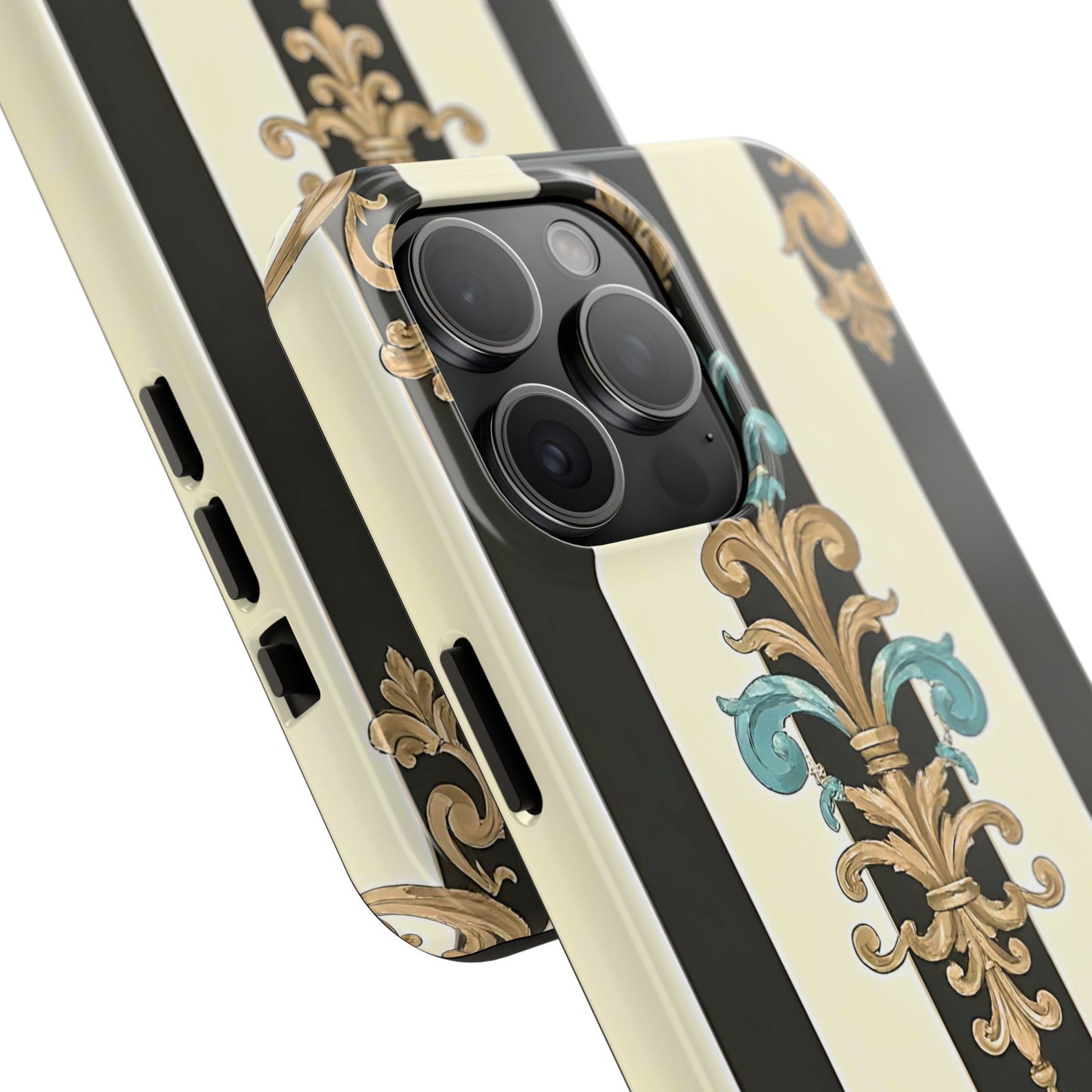 Elegant Vintage Tough Phone Cases, Stylish Phone Accessories, Quality Protection, Gifts for Her - Black Striped Turquoise & Black Rococo